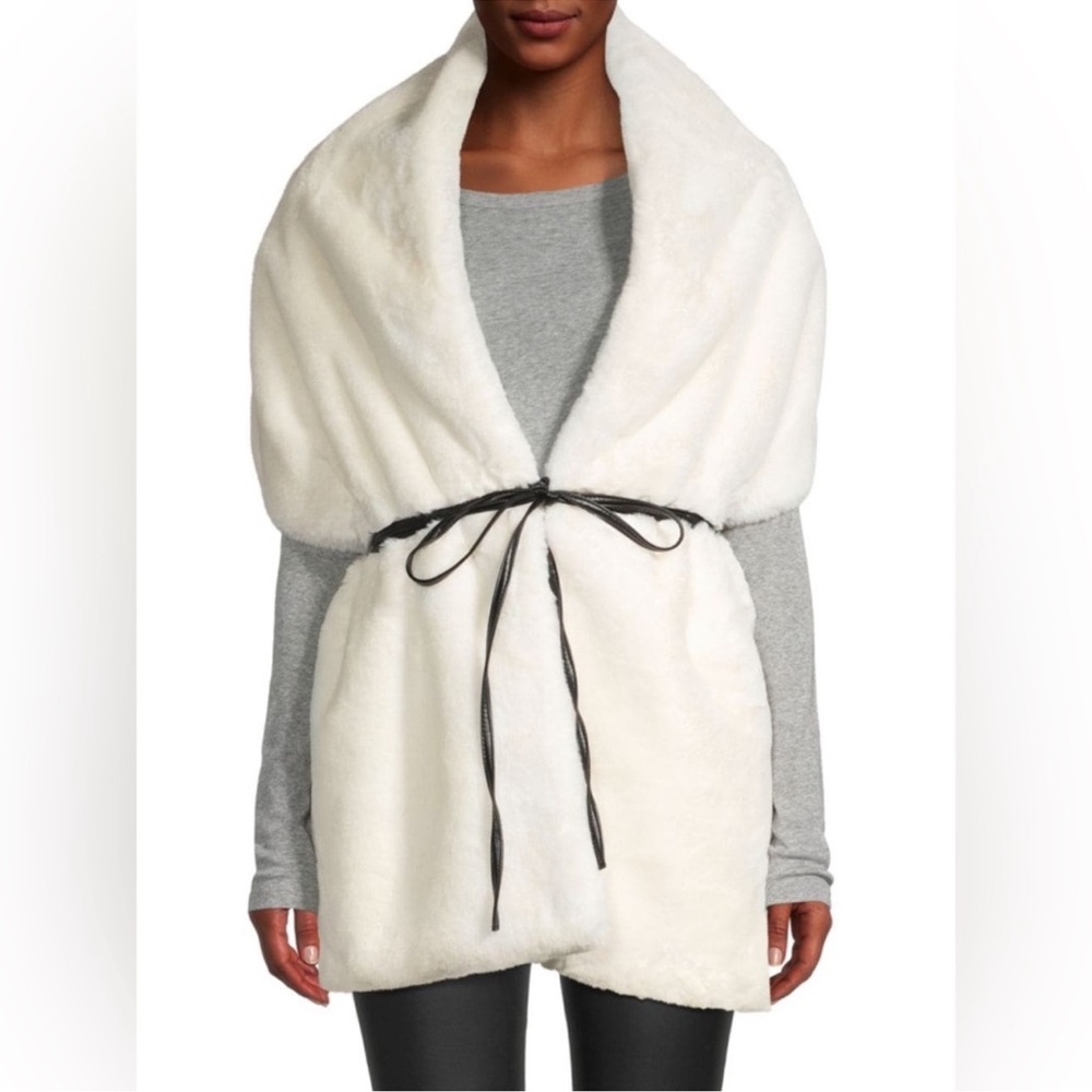Apparis White Faux Fur Shawl Wrap with Black Ribbon